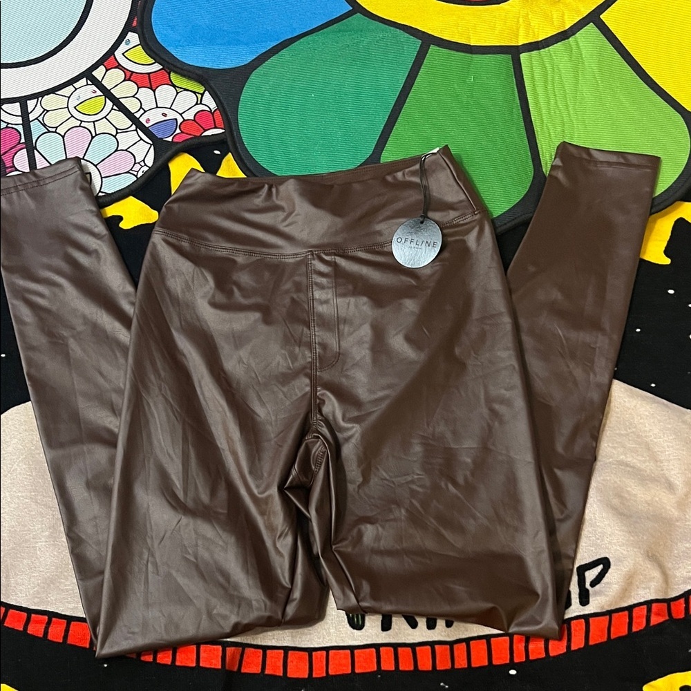 Aerie OFFLINE Chocolate Brown Faux Leather Real Luxe Leggings NWT - Picture 3 of 10